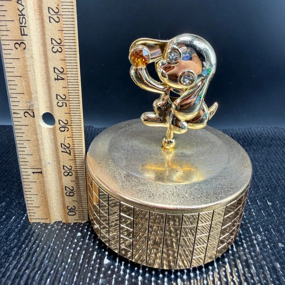 Matashi Crystals Gold Tone Puppy Dog Rotating Music Box Figurine Amber Crystals